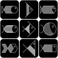 Set of vector white fish icons on black background N2