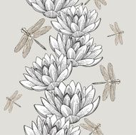 Seamless wallpaper with water lilies and dragonflies hand-drawing Vector Illustration