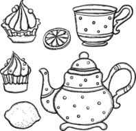 Set isolated teacup teapot lemons and cakes