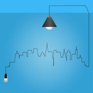 Cityscape with creative wire light bulb idea concept