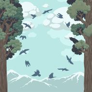 Birds in flight over the forest