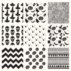 Vector Black Sketched Doodle Halloween Patterns Set