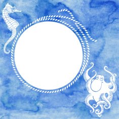Nautical card with round frame marine rope octopus and seahorse