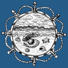 Sea landscape in ship wheel