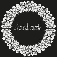 "Hand made" text wreath Feathers
