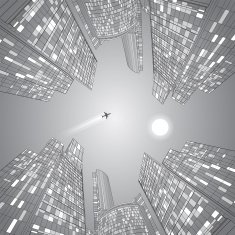 Airplane flying Business building silver illustration