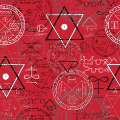 Seamless background with mystic symbols on red