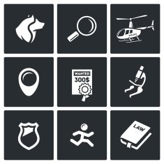Search prosecution escaped convict icons set Vector Illustration