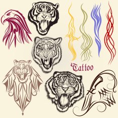 Set of vector hand drawn tattoo with animals and ornaments