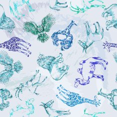 Seamless pattern from sketches of desert animals in cool colors
