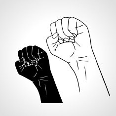 Clenched fist held high in protest Outline and silhouette