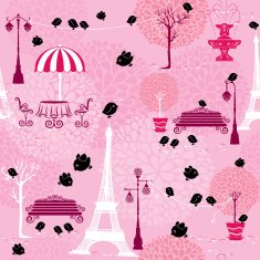 Seamless pattern with black birds silhouettes and town landscape