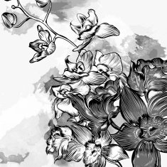Floral grunge background with orchids in grey watercolor style N2