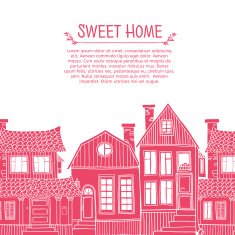 Template greeting card with frame of pink silhouettes houses N2