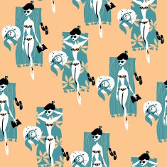 Girls sunbathing on a beach Retro style Seamless background pattern N2