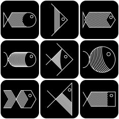Set of vector white fish icons on black background N2