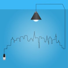 Cityscape with creative wire light bulb idea concept