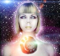 fantasy girl with clock at chest, space as background