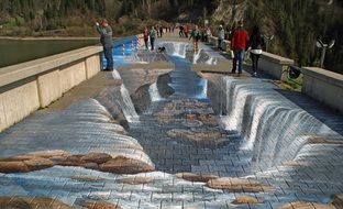 waterfall, modern painting on tile pavement, optical illusion, poland, niedzica