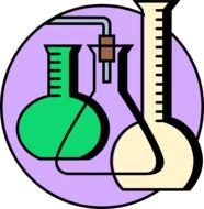 drawn chemical flasks in a purple circle