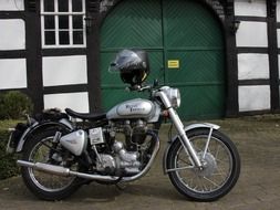 Chrome motorcycle with helmet