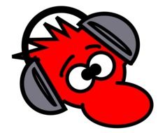 funny red character in gray headphones