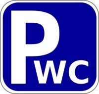 blue road sign about parking and toilet