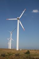 wind turbines stand in a row on the field