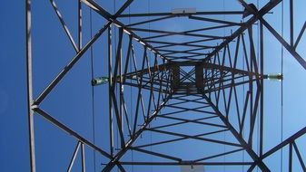 bottom view of electricity transmission tower at sky