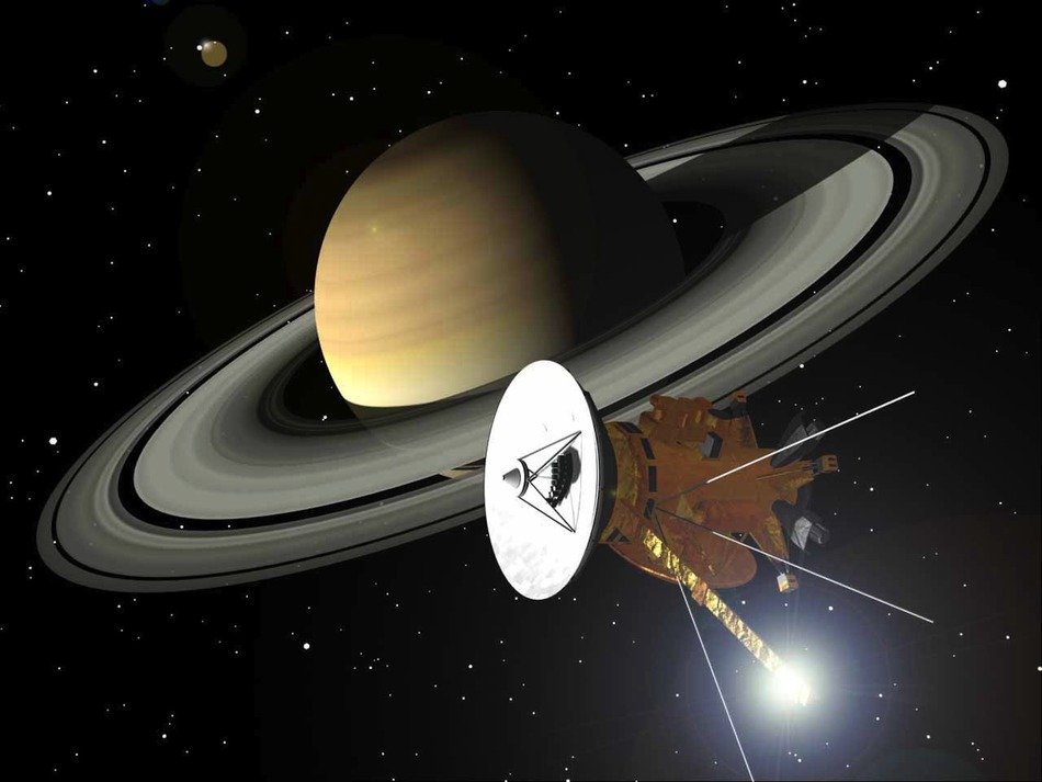 space probe on the background of the planet Satur