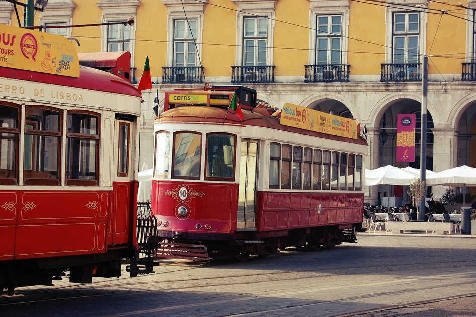 red retro trams in Lisbon