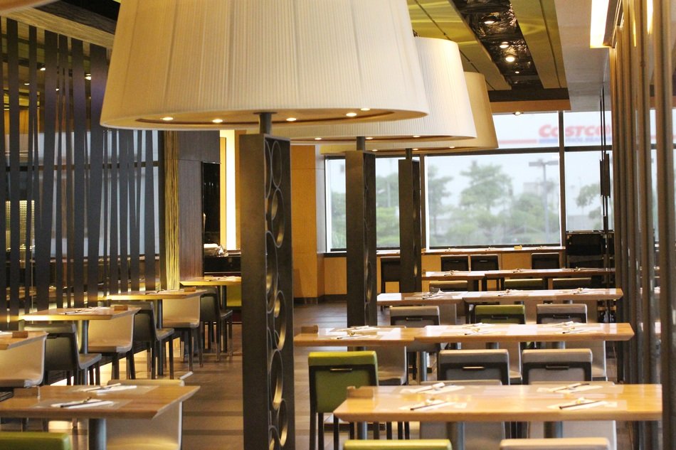 large lamps as part of the interior of the restaurant