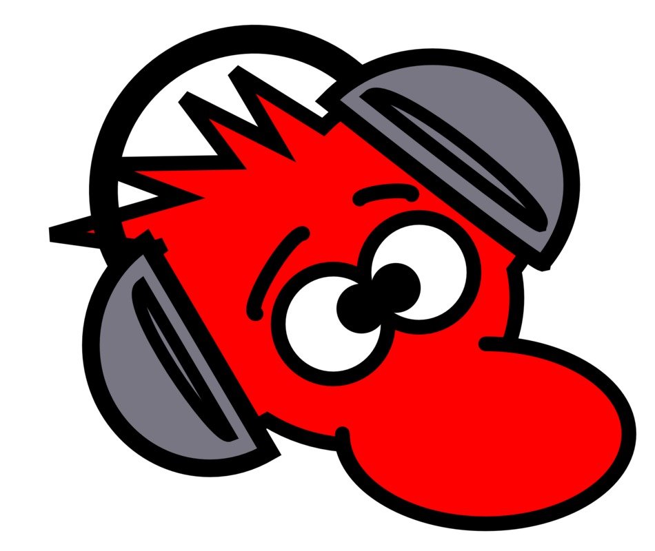 funny red character in gray headphones
