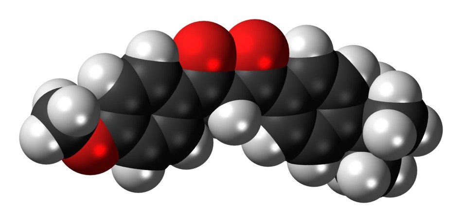 avobenzone, space-filling model of molecule