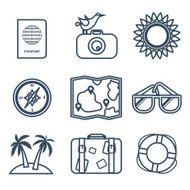 Icons of travel summer in the flat line style