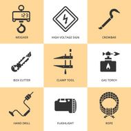Trendy flat working tools icons black silhouettes N3