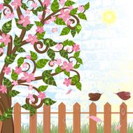 Cherry blossoms near the fence with birds