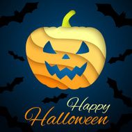 Happy Halloween card Paper pumpkin on dark background with bats
