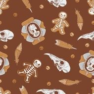 Halloween background with vintage brooch skulls cookies and feathers