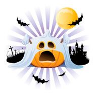 Halloween pumpkin wearing ghost costume on silhouette background