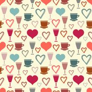 Seamless pattern with hearts tea cups glass