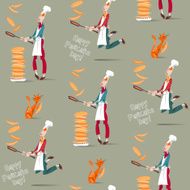 Cook boy tosses pancake in frying pan Seamless background pattern