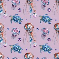 Seamless pattern with jellyfish and turtles