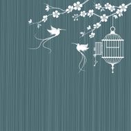 Birds and cage with cherry blossoms