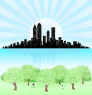 summer spring city Skyline and Park with shining sun pond