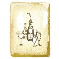 bottle of champagne and wine glasses on a vintage background