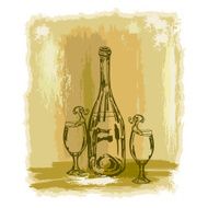 bottle of wine and glasses on a vintage background