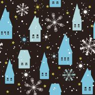 Seamless pattern with houses snowflakes and snow