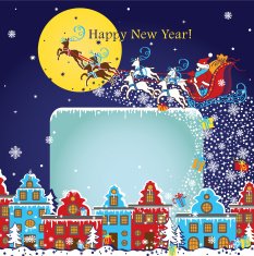 New Year greeting card Santa Claus coming to City Vector