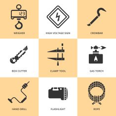 Trendy flat working tools icons black silhouettes N3